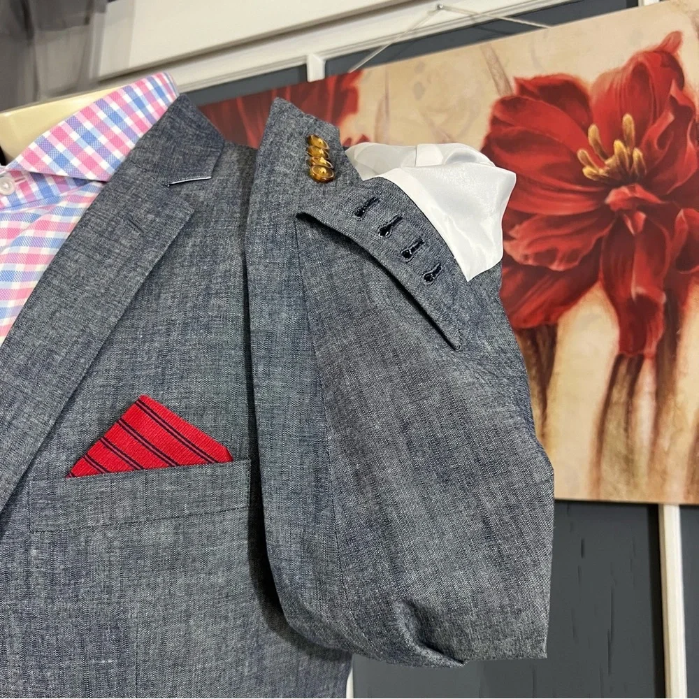 Tasso Elba Blazer Mens sz Large (42R-44R) Chambray Cotton Sport‎ Coat Jacket